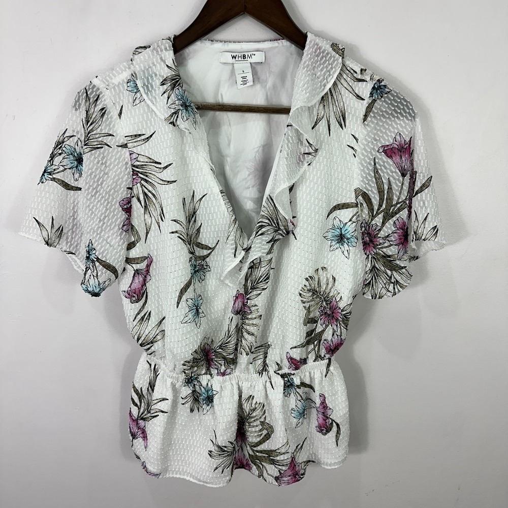 WHBM White Floral Peplum Blouse S Romantic Cottagecore Feminine‎ Office Chic